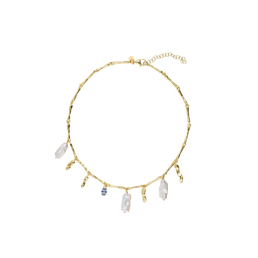 Gargantilla Plata Chapada Perlas Piedra Azul