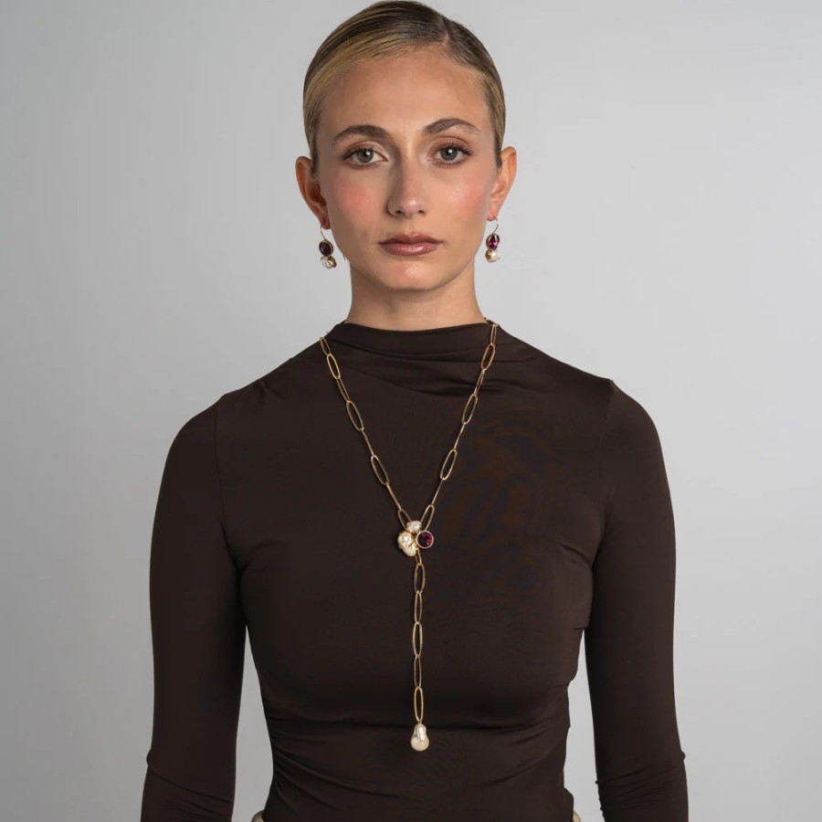 Collar Bronce Largo Perla Cristal Amatista