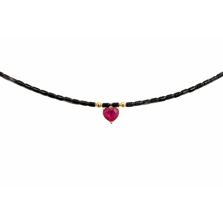 Collar Corazón Rubí Oro y Hematites