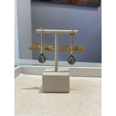 Pendientes Plata Chapada Libélulas Y Cuarzo Fumé
