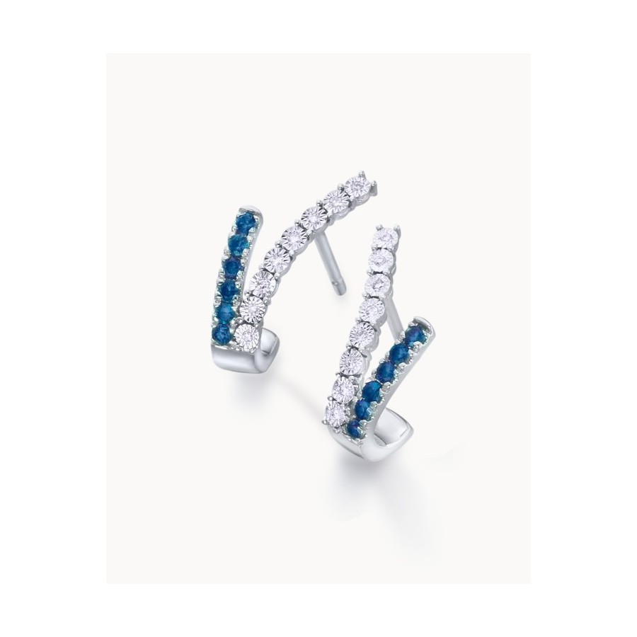 Pendientes Oro Blanco, Zafiros y Brillantes Cruzados