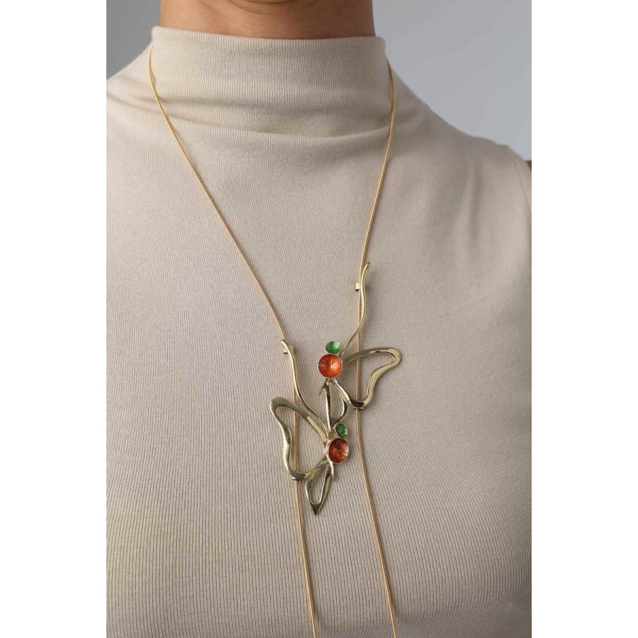Collar Largo Bronce Mariposas Esmalte