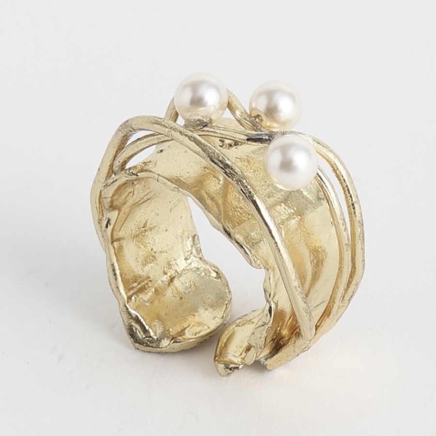 Anillo Brillante Bronce y Perlas