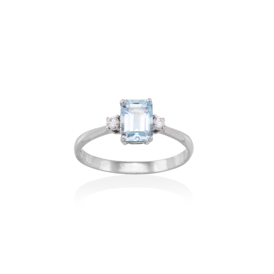 Sortija Oro Blanco Aguamarina y Brillantes 0,06qt