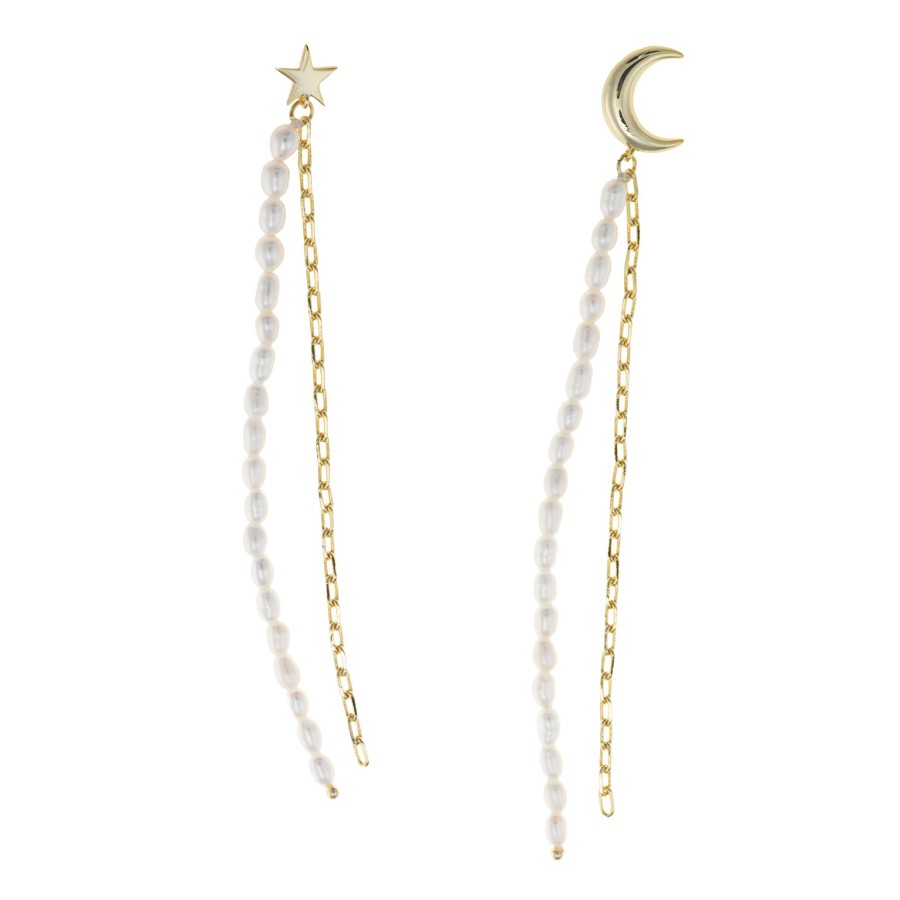 Pendientes Plata Chapada Perlas Estrella Luna
